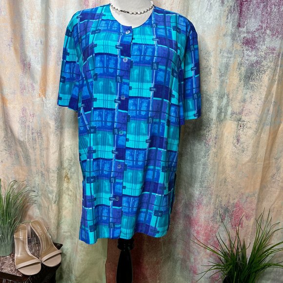 VTGπLong Aqua Blue Viscose Blouse with Short Sleeves - Picture 3 of 13